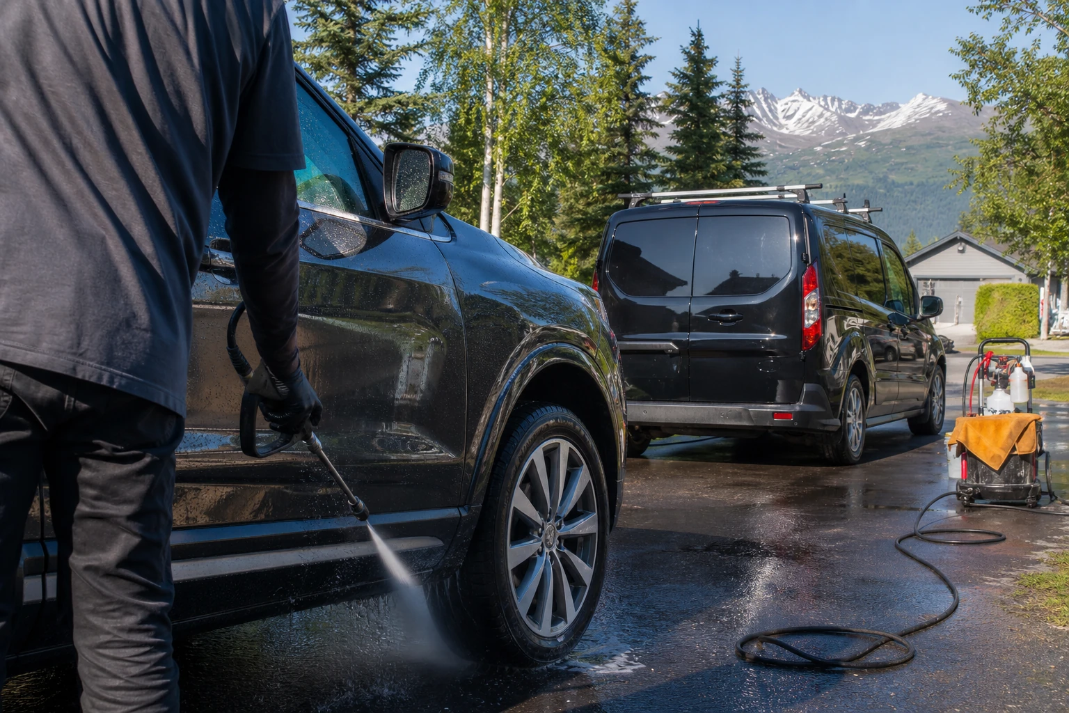 Mobile detailer pressure-washing a black SUV with Alaska mountains in the background